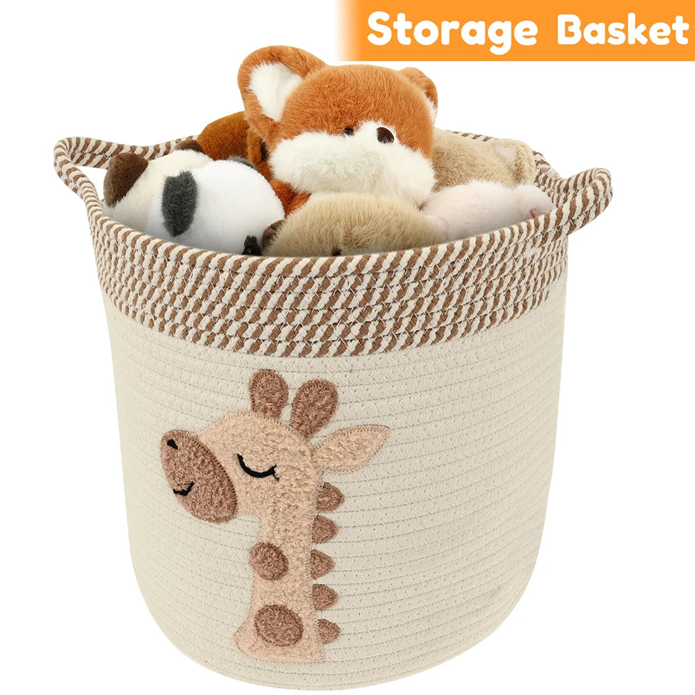 Cotton Rope Storage Basket for Living Room, Nursery & Bedroom | Woven Blanket & Toy Basket with Embroidery | Laundry Hamper 30x28cm