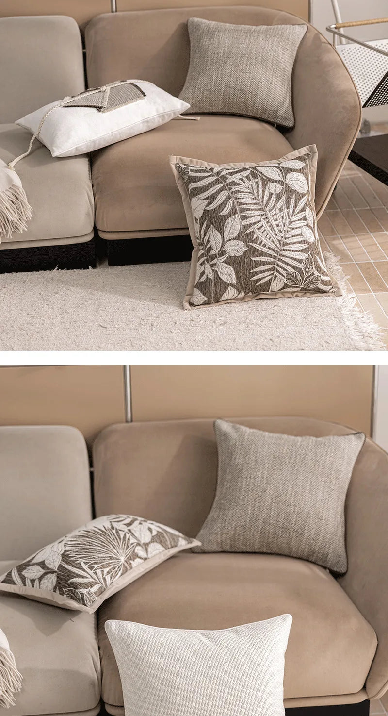 Reversible Chenille Throw Pillow Cover with Border for Sofa & Bed | Farmhouse Bedroom Decor | Neutral Brown Textured Cushion Cover