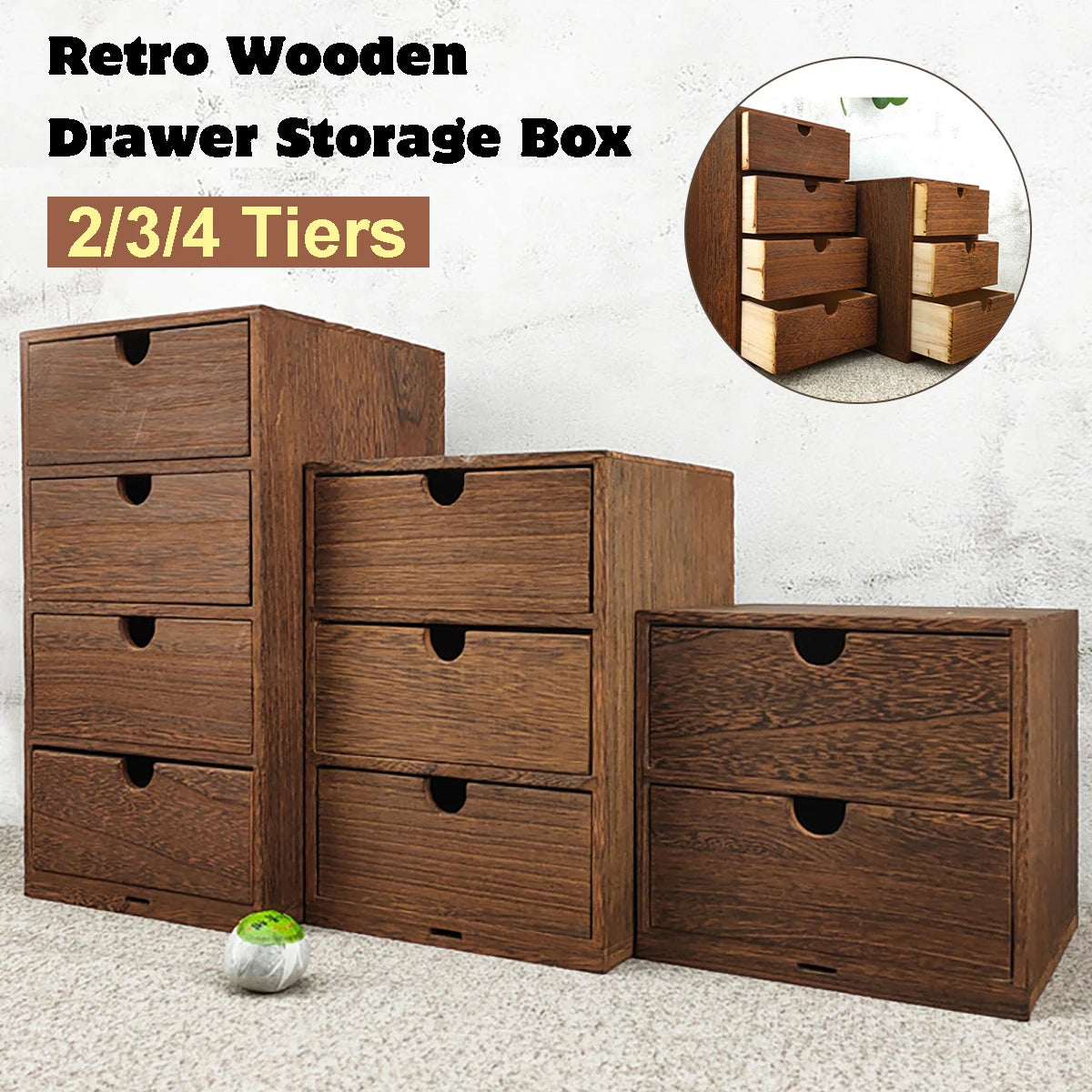 Bamboo Desktop Drawer Organiser for Desk, Vanity & Bedroom | Small Wooden Storage Cabinet | Retro Decorative Drawers, 2, 3 or 4 Tier