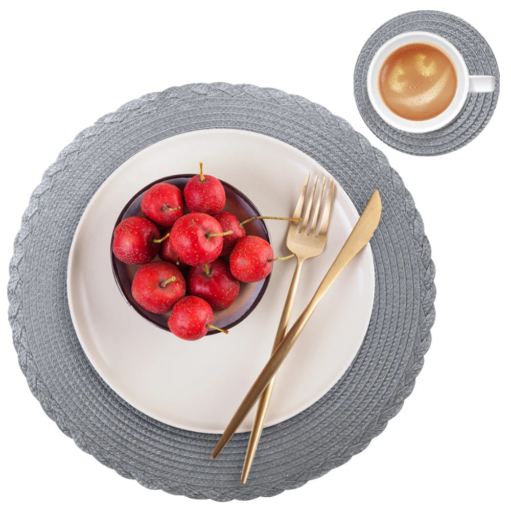 Round Braided Placemats Set of 6 with Coasters for Dining Table | Washable Non-Slip Woven Table Mats | Holiday & Everyday Table Decor, 34cm