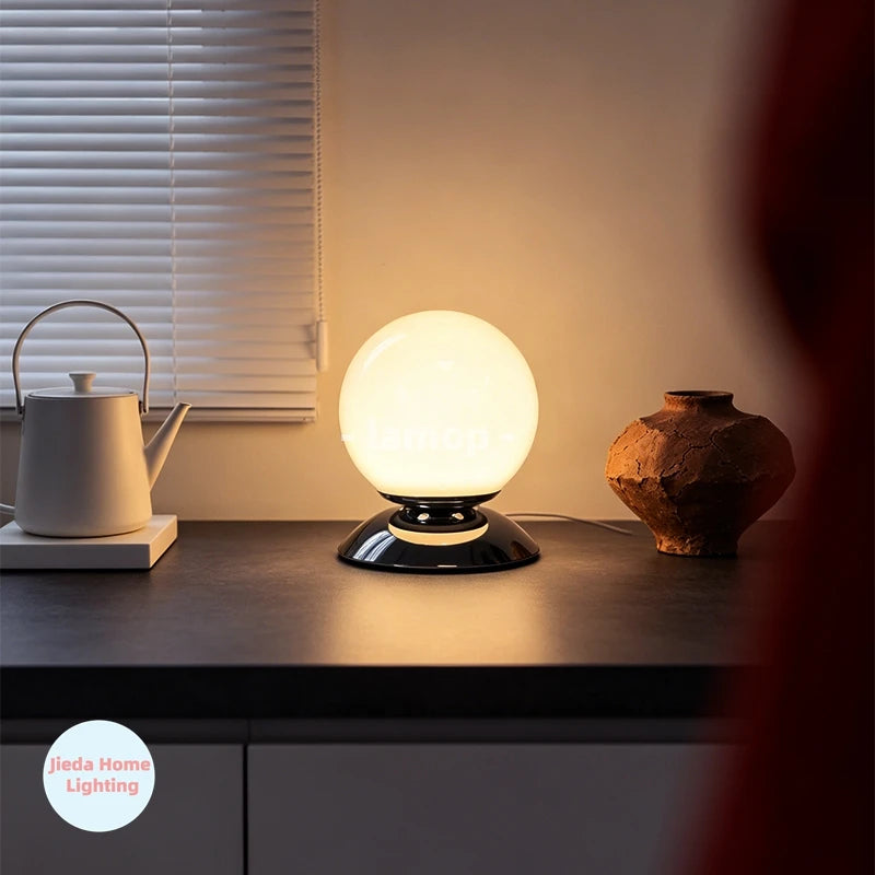 Globe Glass Table Lamp on Plinth for Bedroom & Living Room | Italian-Style Geometric Retro Bedside Lamp | Dimmable, 3 Colour Temperatures