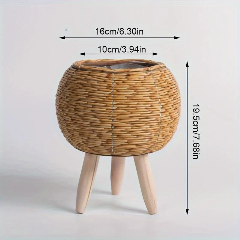Rustic Rattan Planter with Wooden Legs | Woven Basket Plant Stand & Storage Basket for Indoor Outdoor Plants, 4 Styles