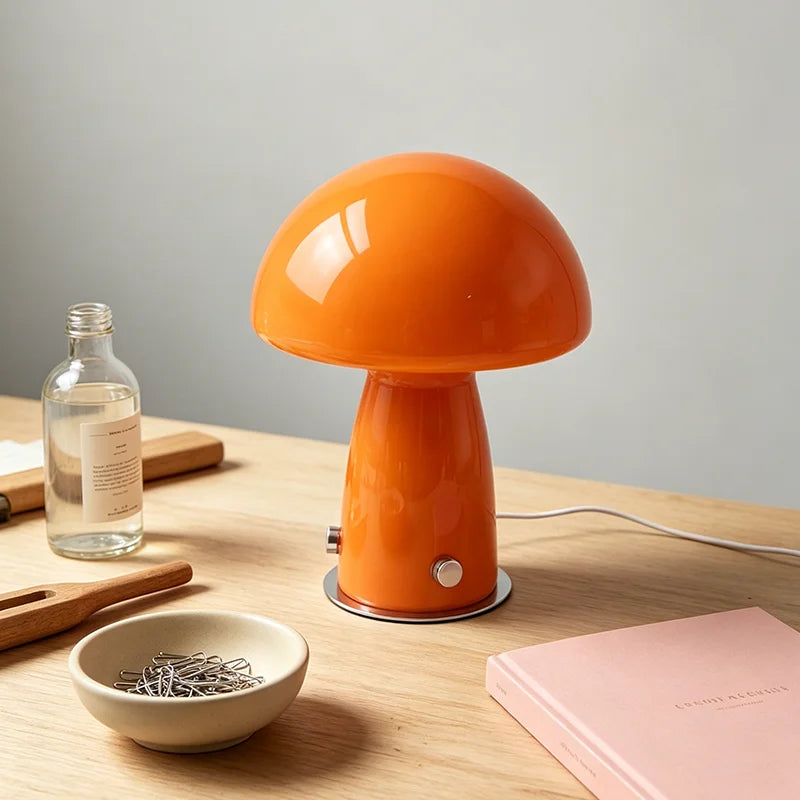 Murano-Style Glass Mushroom Lamp for Bedside & Living Room | Mid-Century Retro Table Lamp | Dimmable Plug-in LED, Swirl or Solid Designs