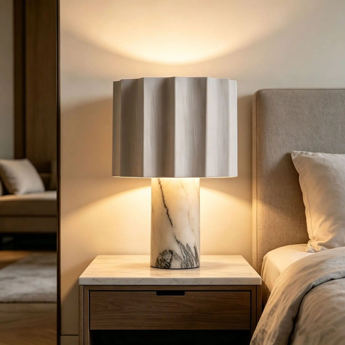 Marble Table Lamp with Pleated Fabric Shade | Modern Minimalist Designer Touch Bedside Lamp for Bedroom & Bar Counter, USB-C