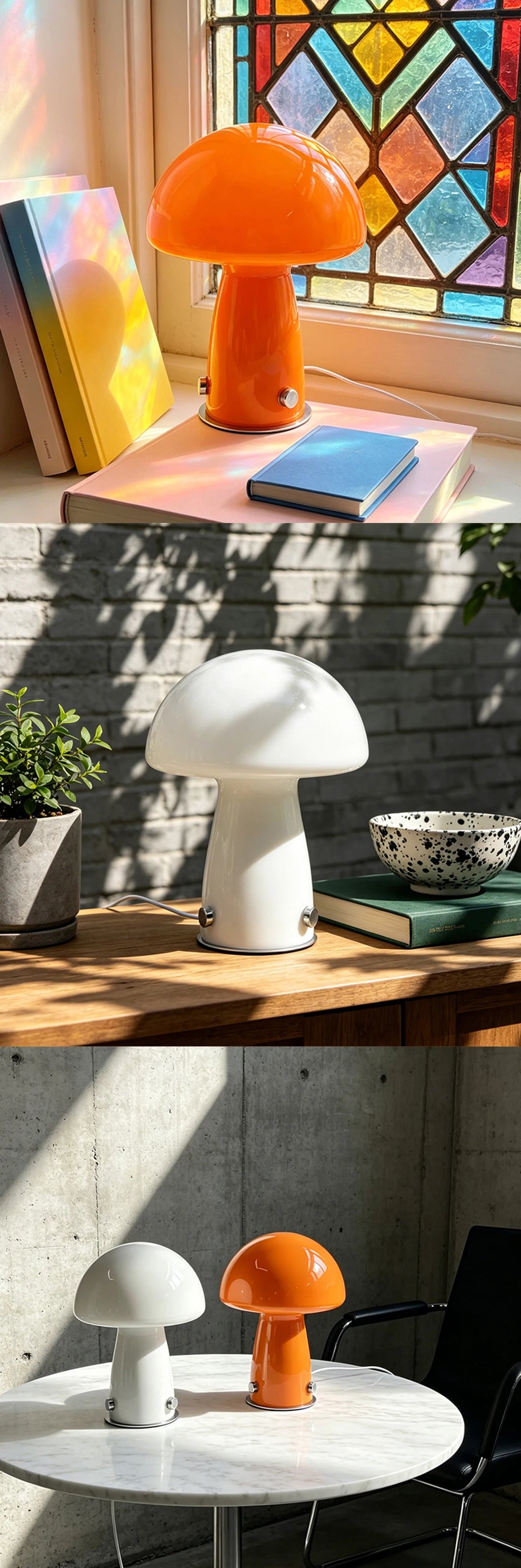 Murano-Style Glass Mushroom Lamp for Bedside & Living Room | Mid-Century Retro Table Lamp | Dimmable Plug-in LED, Swirl or Solid Designs