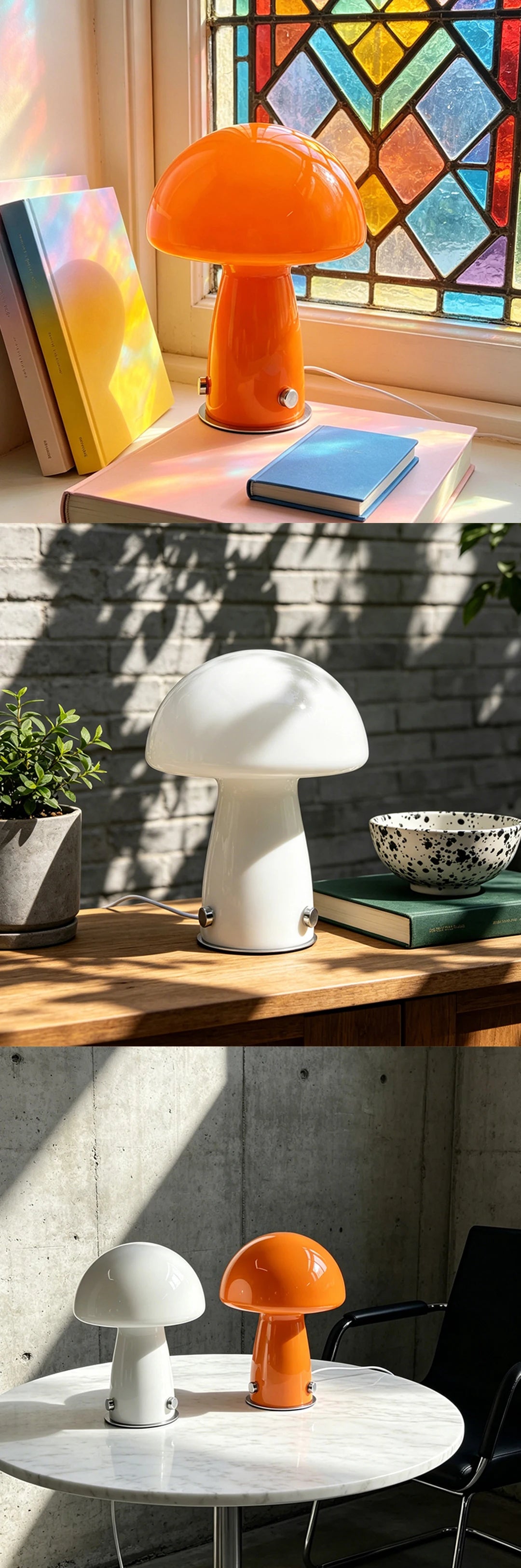 Murano-Style Glass Mushroom Lamp for Bedside & Living Room | Mid-Century Retro Table Lamp | Dimmable Plug-in LED, Swirl or Solid Designs