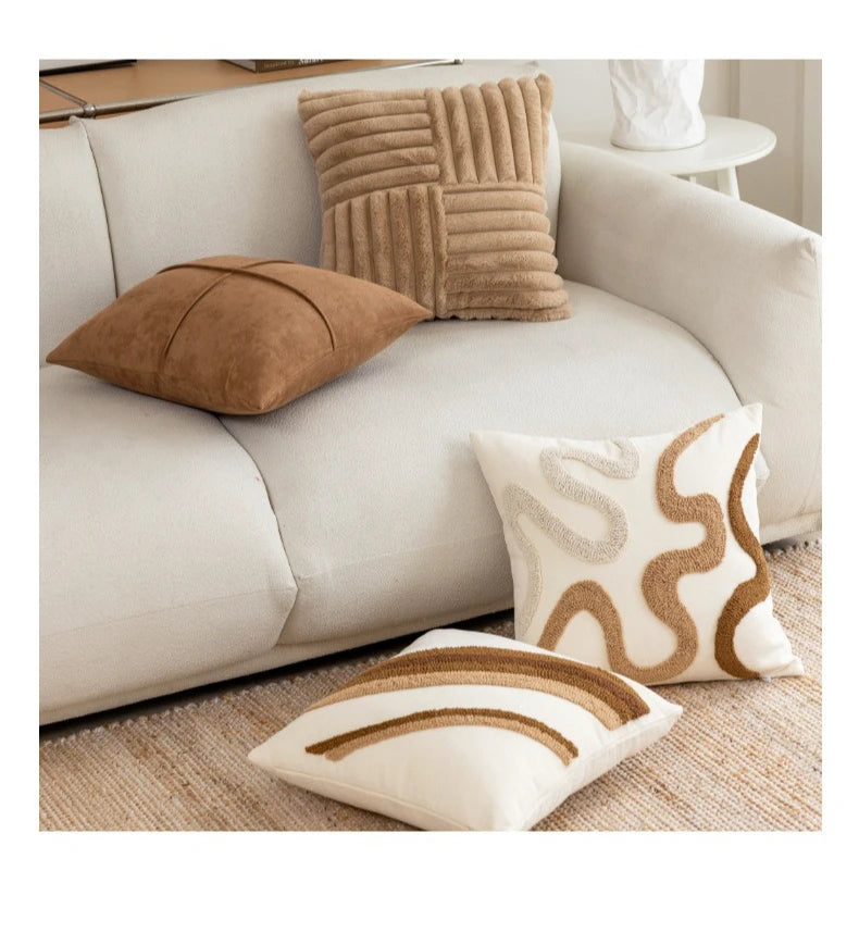 Textured Throw Pillow Cover for Sofa & Bed | Boho Neutral Bedroom Decor | Tufted, Suede, Chenille & Faux Fur Designs in Cream & Brown