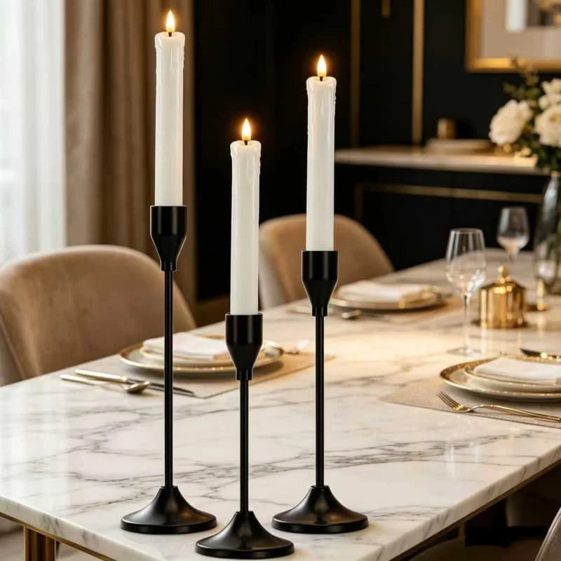 Black Metal Candle Holder Set for Dining Table & Mantel | Nordic Minimalist Taper Candlesticks with Round Base | Wedding & Party Centrepiece, 3–30 Pcs