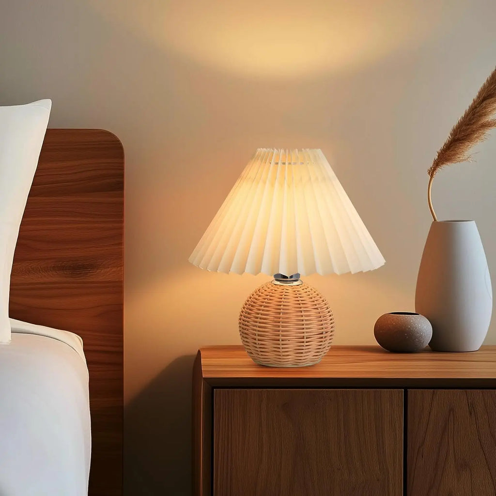 Rattan Table Lamp for Bedroom Nightstand & Reading Corner | Hand-Woven Base with Pleated Umbrella Shade | Vintage Dimmable Bedside Lamp