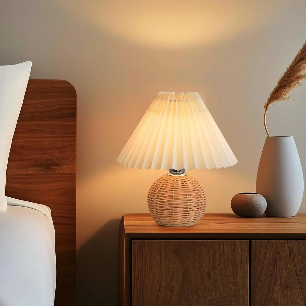 Rattan Table Lamp for Bedroom Nightstand & Reading Corner | Hand-Woven Base with Pleated Umbrella Shade | Vintage Dimmable Bedside Lamp
