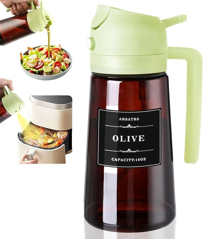 Glass Olive Oil Sprayer & Dispenser for Cooking & Air Fryer | 2 in 1 Pour & Spray Oil Bottle 470ml | Leakproof Kitchen Essential in 3 Colours