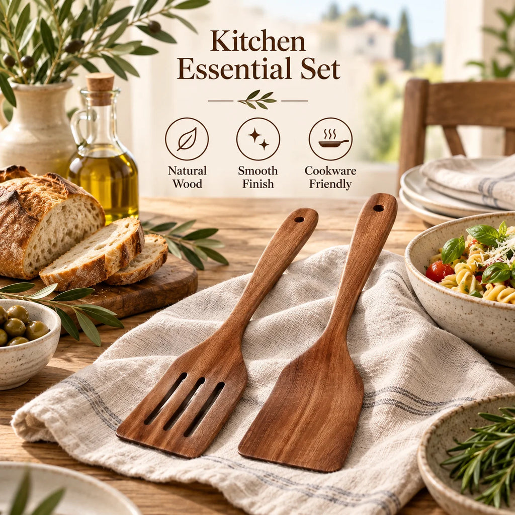 Wooden Cooking Spatula Set of 2 for Nonstick Pans | Natural Wood Kitchen Utensils for Flipping, Stirring & Baking | Scratch Free Kitchen Tools