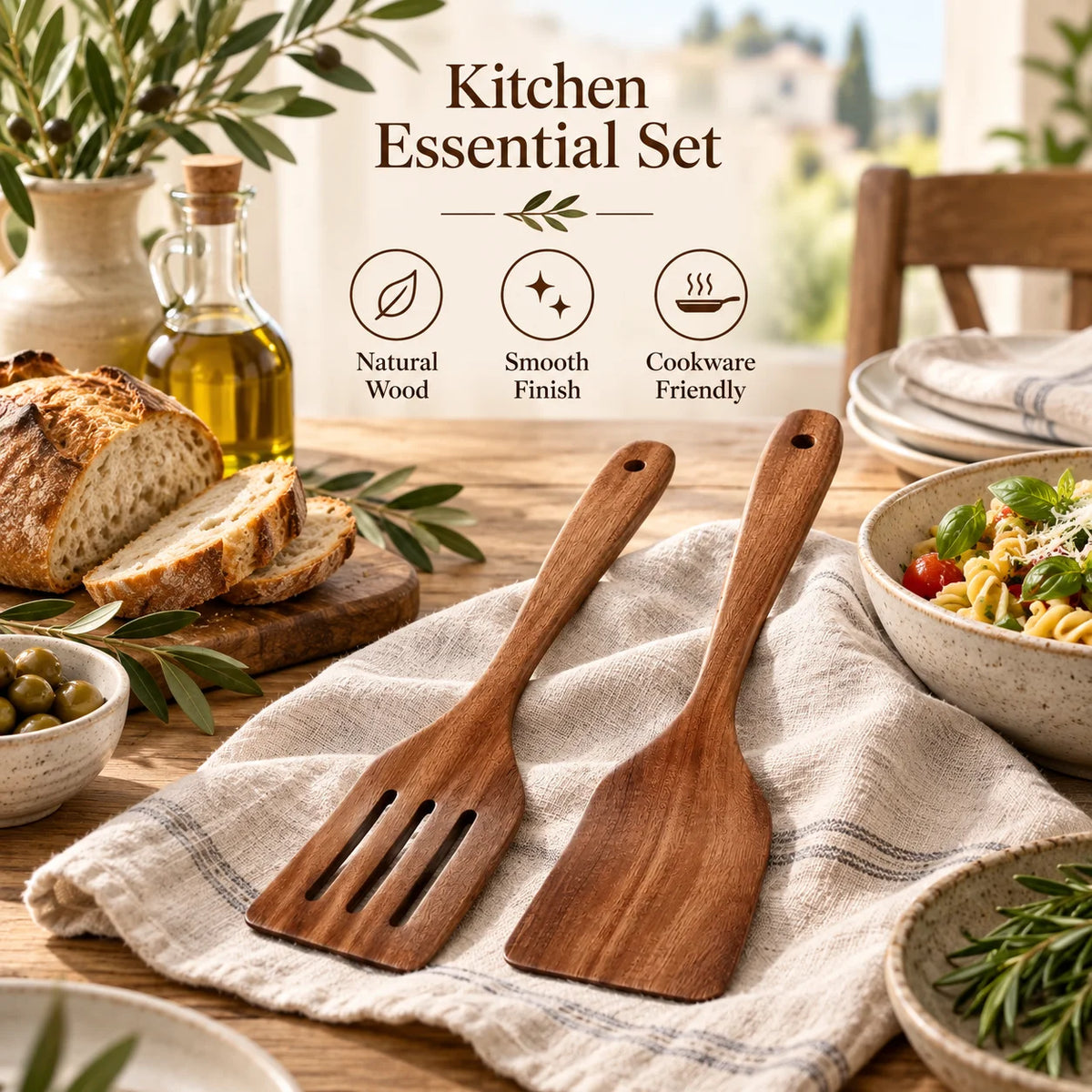 Wooden Cooking Spatula Set of 2 for Nonstick Pans | Natural Wood Kitchen Utensils for Flipping, Stirring & Baking | Scratch Free Kitchen Tools