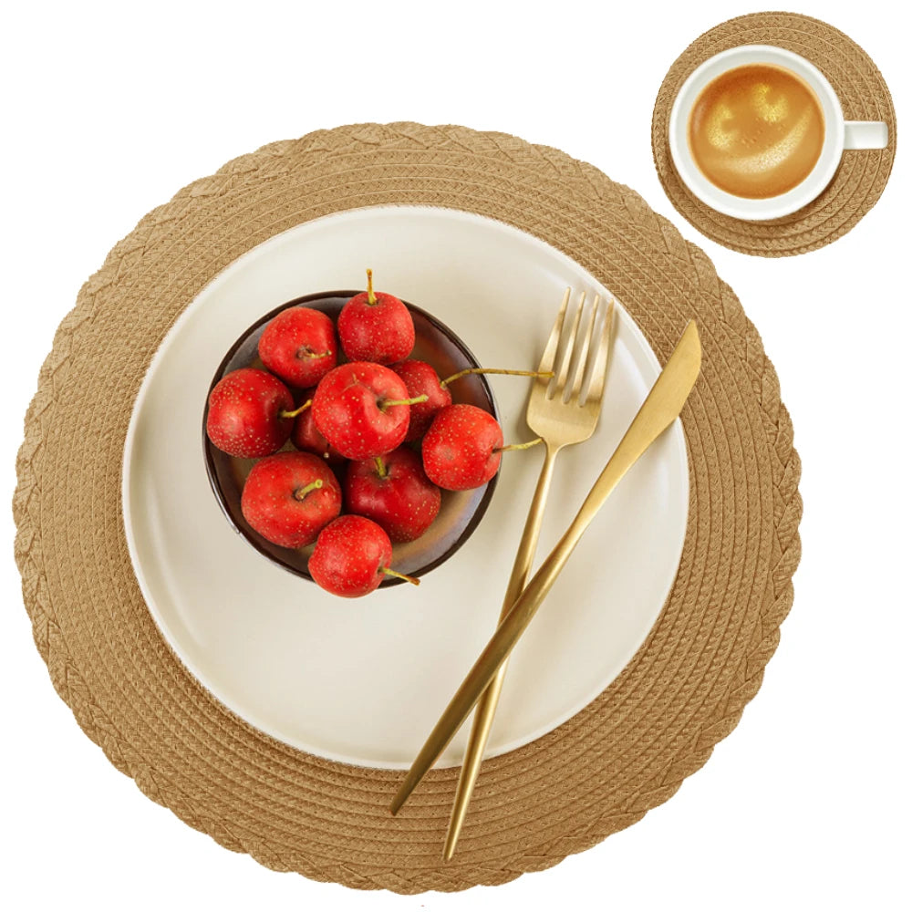 Round Braided Placemats Set of 6 with Coasters for Dining Table | Washable Non-Slip Woven Table Mats | Holiday & Everyday Table Decor, 34cm