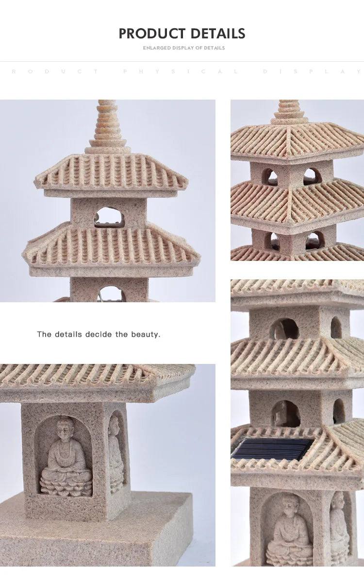 Solar Pagoda Lantern Statue for Garden, Patio & Zen Garden | Japanese Style Resin Garden Ornament | Warm LED Solar Garden Light, 4 Styles
