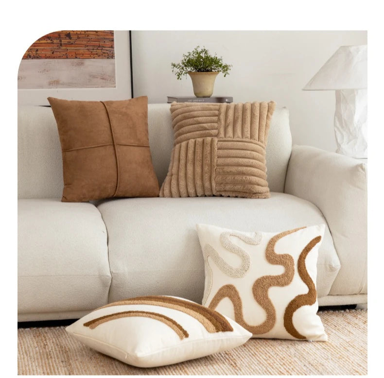 Textured Throw Pillow Cover for Sofa & Bed | Boho Neutral Bedroom Decor | Tufted, Suede, Chenille & Faux Fur Designs in Cream & Brown