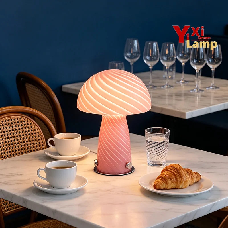 Murano-Style Glass Mushroom Lamp for Bedside & Living Room | Mid-Century Retro Table Lamp | Dimmable Plug-in LED, Swirl or Solid Designs
