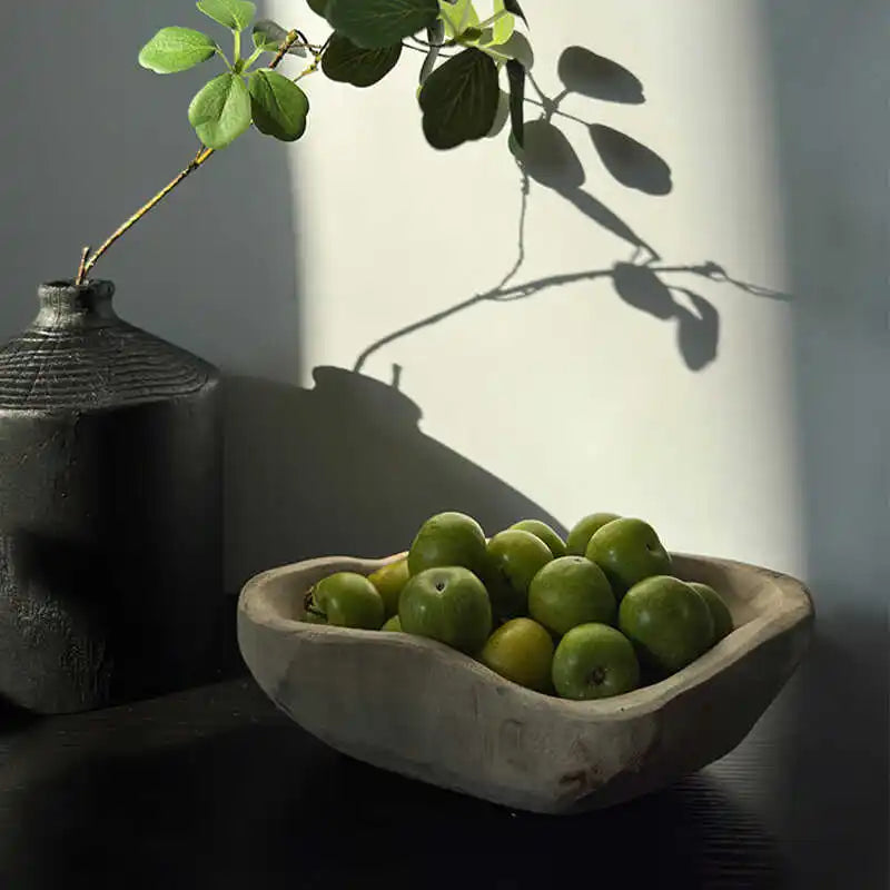 Solid Wood Decorative Tray for Entryway, Dining Table & Coffee Table | Vintage Shaped Wooden Fruit & Jewellery Plate | Rustic Home Decor Bowl, 2 Styles