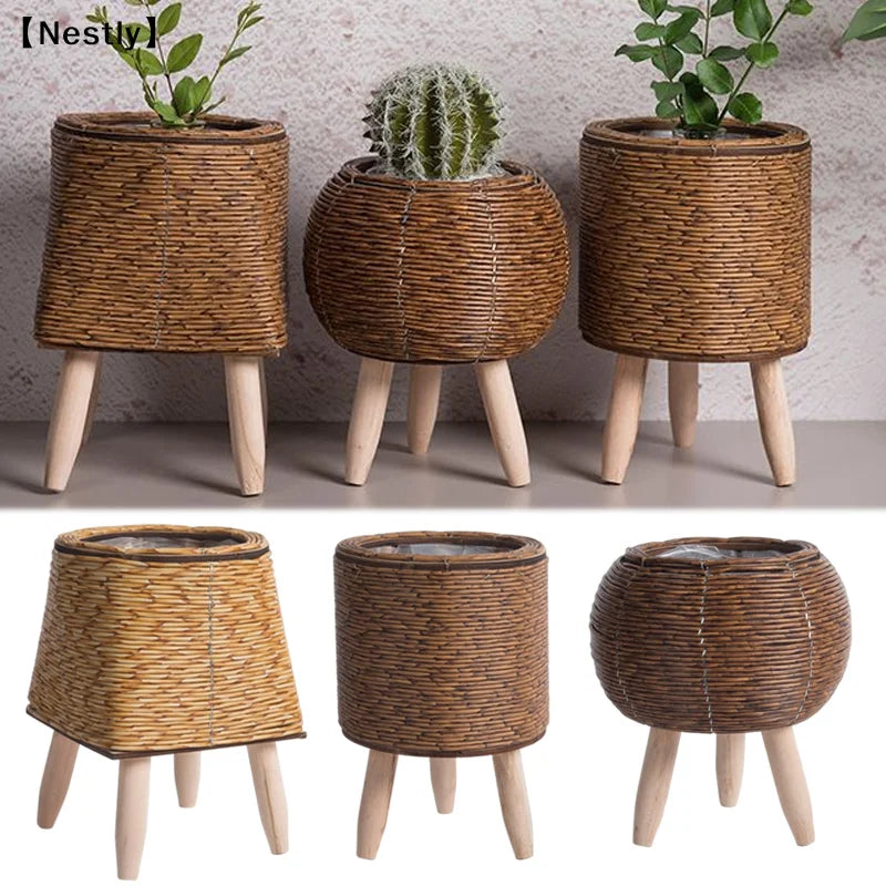 Woven Plant Stand with Removable Wooden Legs for Living Room & Patio | Handmade Rattan-Look Planter Basket | Nordic Plant Pot Holder, 6 Styles