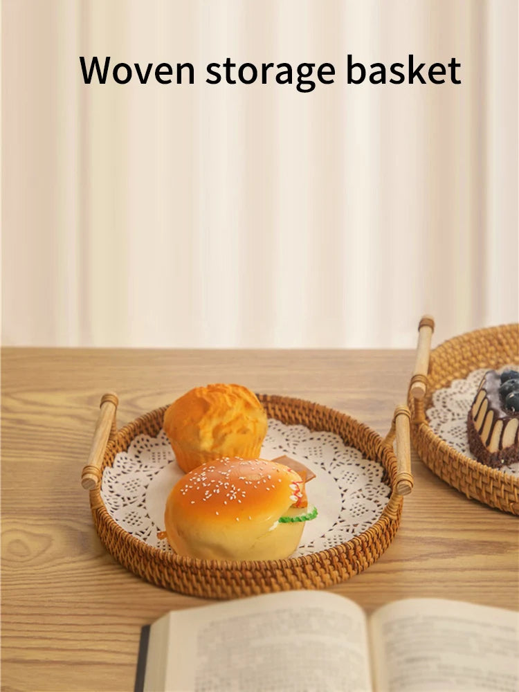 Woven Rattan Bread Basket with Strap Handle for Kitchen & Dining Table | Round Serving Tray for Fruit, Snacks & Picnics | S, M, L or Set of 3