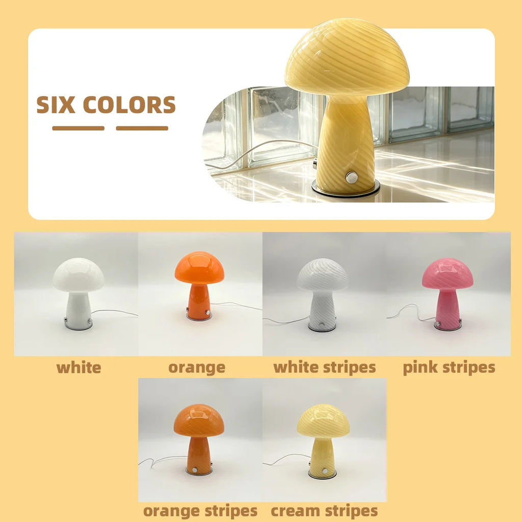 Murano-Style Glass Mushroom Lamp for Bedside & Living Room | Mid-Century Retro Table Lamp | Dimmable Plug-in LED, Swirl or Solid Designs