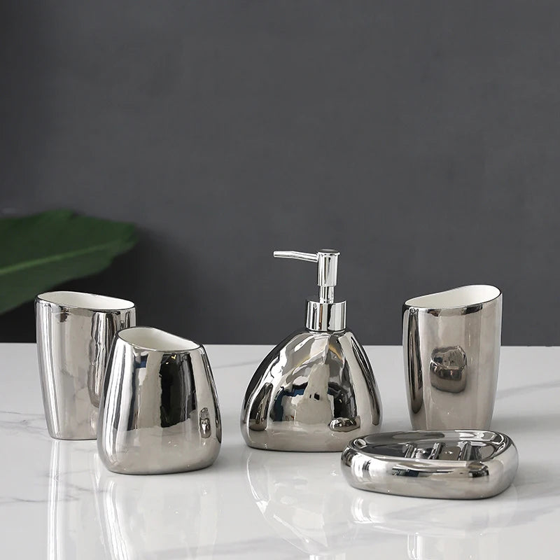 Ceramic Bathroom Accessories Set for Vanity & Bathroom Counter | Soap Dispenser, Tumbler, Toothbrush Holder & Soap Dish | 4 or 5 Pieces in White, Silver or Gold