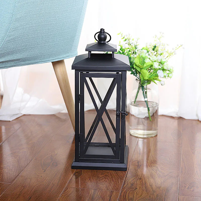 Glass Lantern Candle Holder for Patio, Dining Table & Entryway | Black Metal Hurricane Lantern | Windproof Modern Candle Holder, 30 to 50cm