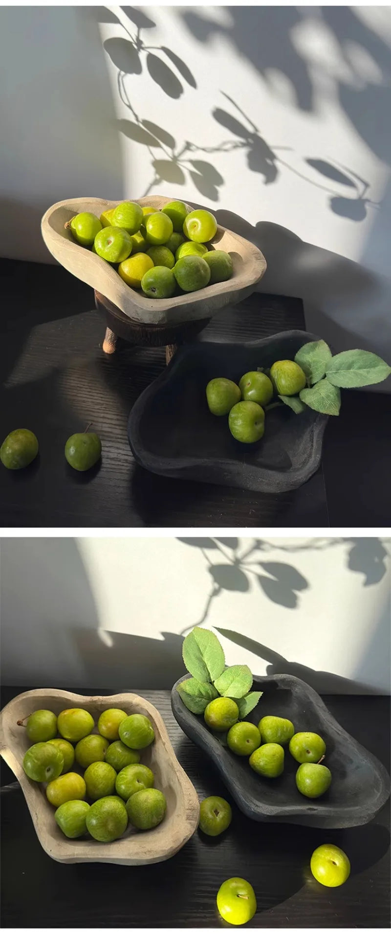 Solid Wood Decorative Tray for Entryway, Dining Table & Coffee Table | Vintage Shaped Wooden Fruit & Jewellery Plate | Rustic Home Decor Bowl, 2 Styles
