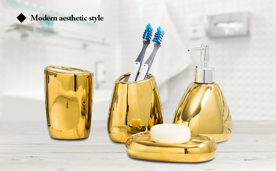 Ceramic Bathroom Accessories Set for Vanity & Bathroom Counter | Soap Dispenser, Tumbler, Toothbrush Holder & Soap Dish | 4 or 5 Pieces in White, Silver or Gold