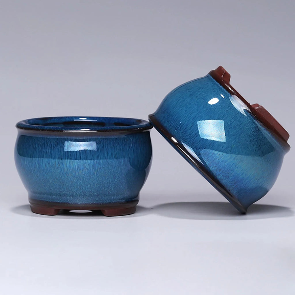 Ceramic Succulent Pot with Drainage Hole for Windowsill, Shelf & Patio | Round Ceramic Plant Pot | Indoor Outdoor Planter in Blue or Sky Blue
