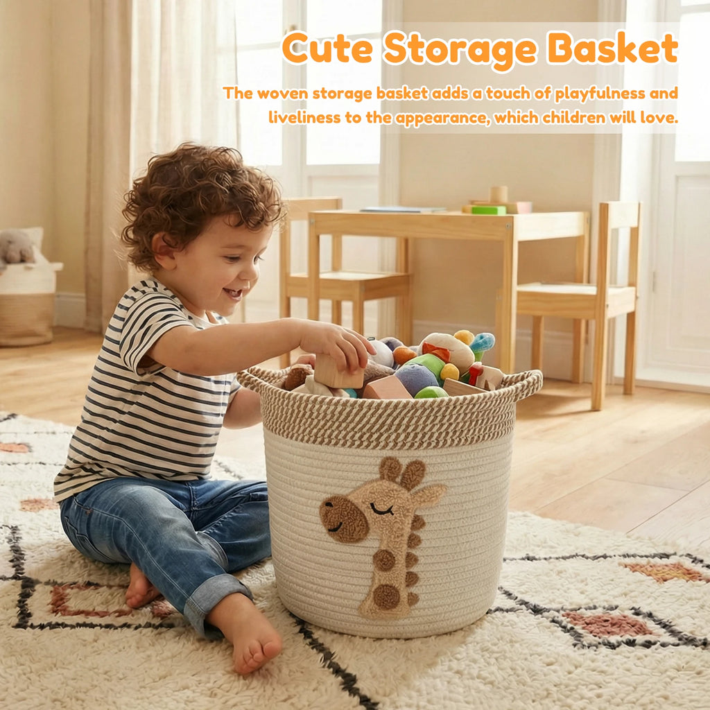 Cotton Rope Storage Basket for Living Room, Nursery & Bedroom | Woven Blanket & Toy Basket with Embroidery | Laundry Hamper 30x28cm