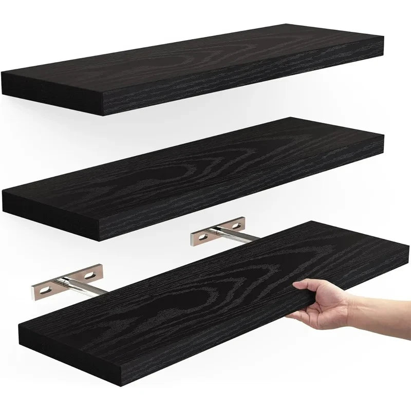 Wooden Floating Shelves with Invisible Brackets for Living Room, Bedroom & Bathroom | Sturdy Wall Mounted Shelf | Brown, Black or White