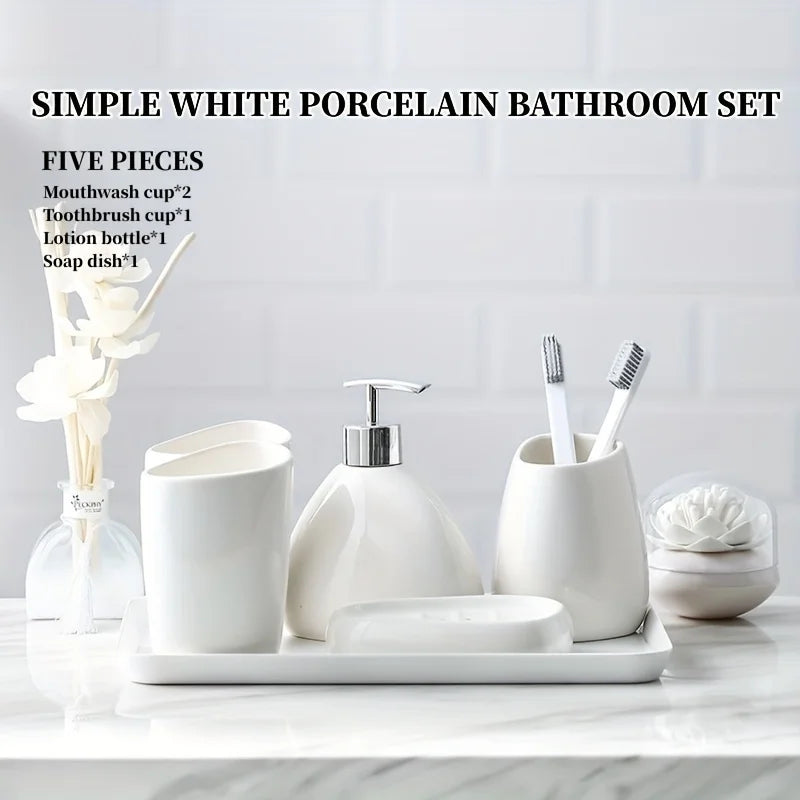 Ceramic Bathroom Accessories Set for Vanity & Bathroom Counter | Soap Dispenser, Tumbler, Toothbrush Holder & Soap Dish | 4 or 5 Pieces in White, Silver or Gold