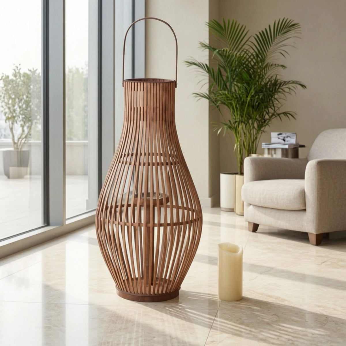 Bamboo Floor Lantern for Patio, Garden & Living Room | Handwoven Boho Lantern with LED Candle | Rustic Decorative Lighting, Small or Large