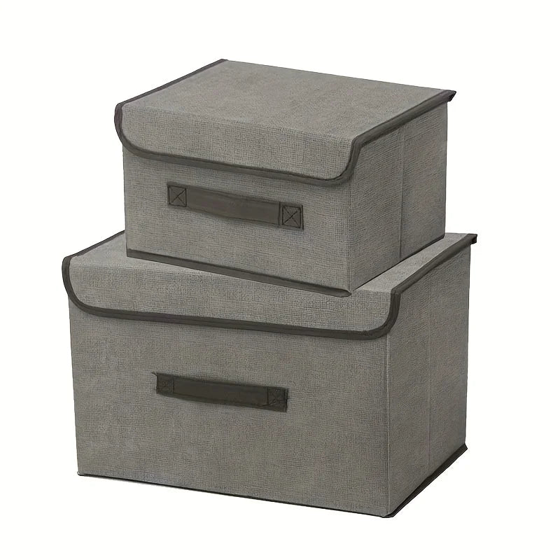 Foldable Linen-Look Storage Box with Lid for Closet & Bedroom | Dustproof Fabric Storage Bin | Clothes & Sundries Organiser, S or L
