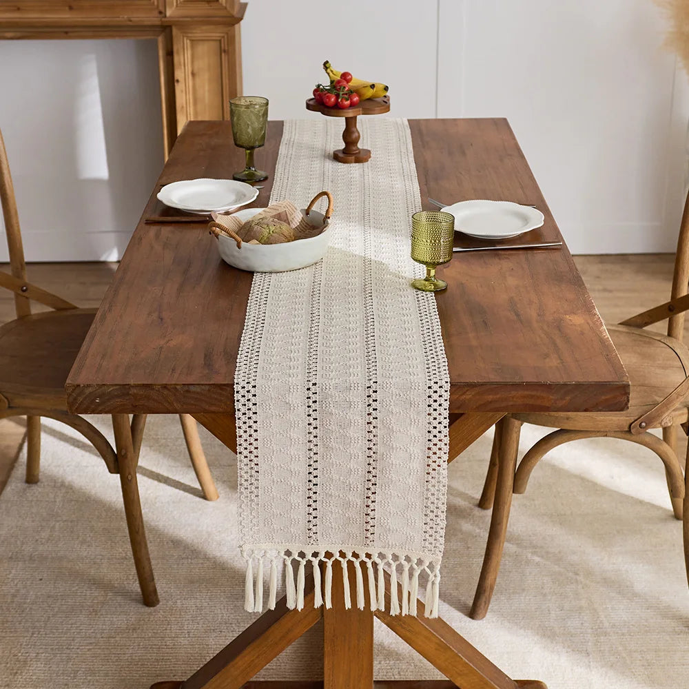 Boho Table Runner with Tassels for Kitchen & Dining Table | Beige Woven Farmhouse Table Runner | Rustic Table Decor, 9 Sizes 30x50cm to 30x300cm