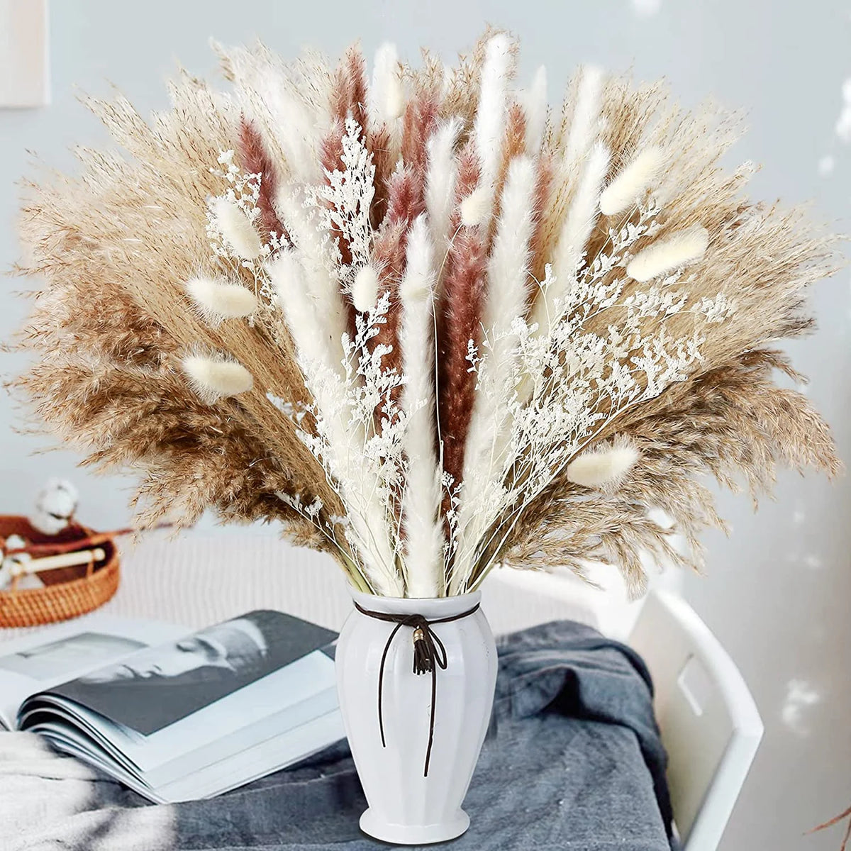 Dried Pampas Grass Bouquet for Vases, Living Room & Wedding Decor | Natural Fluffy Boho Dried Flowers | Mixed Bouquets in 30+ Styles, 45 to 50cm