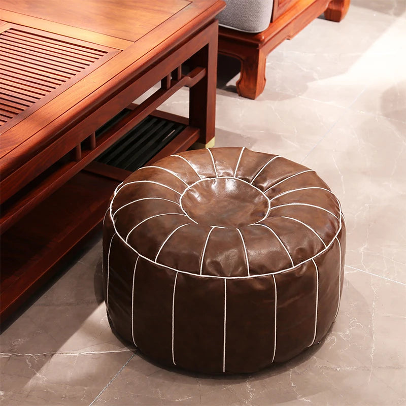 Moroccan Pouf Cover | Nordic PU Leather Round Ottoman Footstool Cover, Unstuffed Fillable Floor Cushion for Living Room, 5 Designs