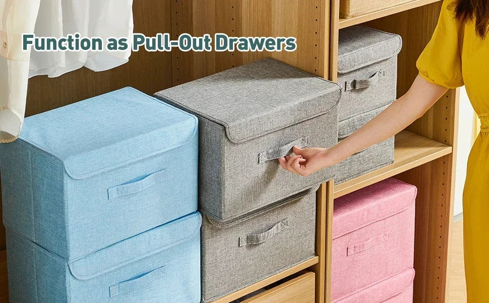 Foldable Cotton Linen Storage Box with Lid for Closet, Nursery & Shelves | Washable Fabric Storage Bin | Toy & Clothes Organiser, 2 Sizes