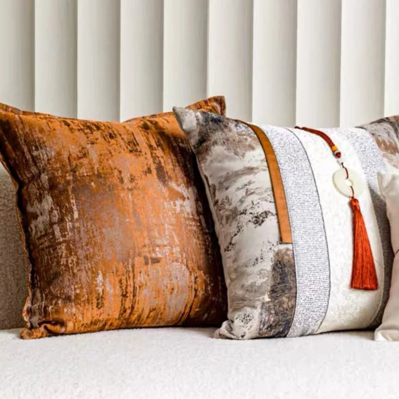 Wabi-Sabi Patchwork Throw Pillow Cover for Living Room & Bedroom | Earth Tone Textured Cushion | Minimalist Bedroom Decor