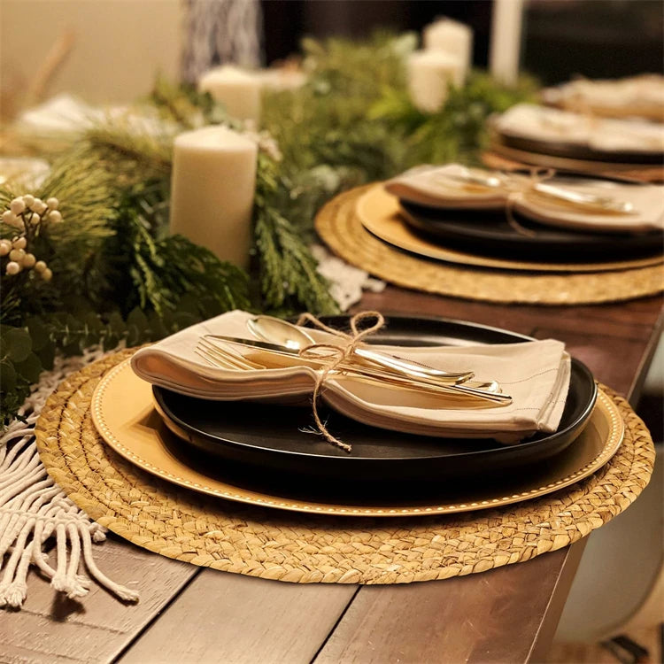 Round Woven Placemats for Dining Table | Natural Straw & Water Hyacinth-Style Boho Place Mats | Farmhouse Table Decor, 30–38cm