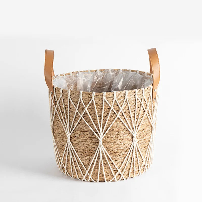 Seagrass Planter Basket with Handles for Indoor Plants & Patio | Natural Woven Plant Pot Cover | Boho Storage Basket, 25cm or 29cm
