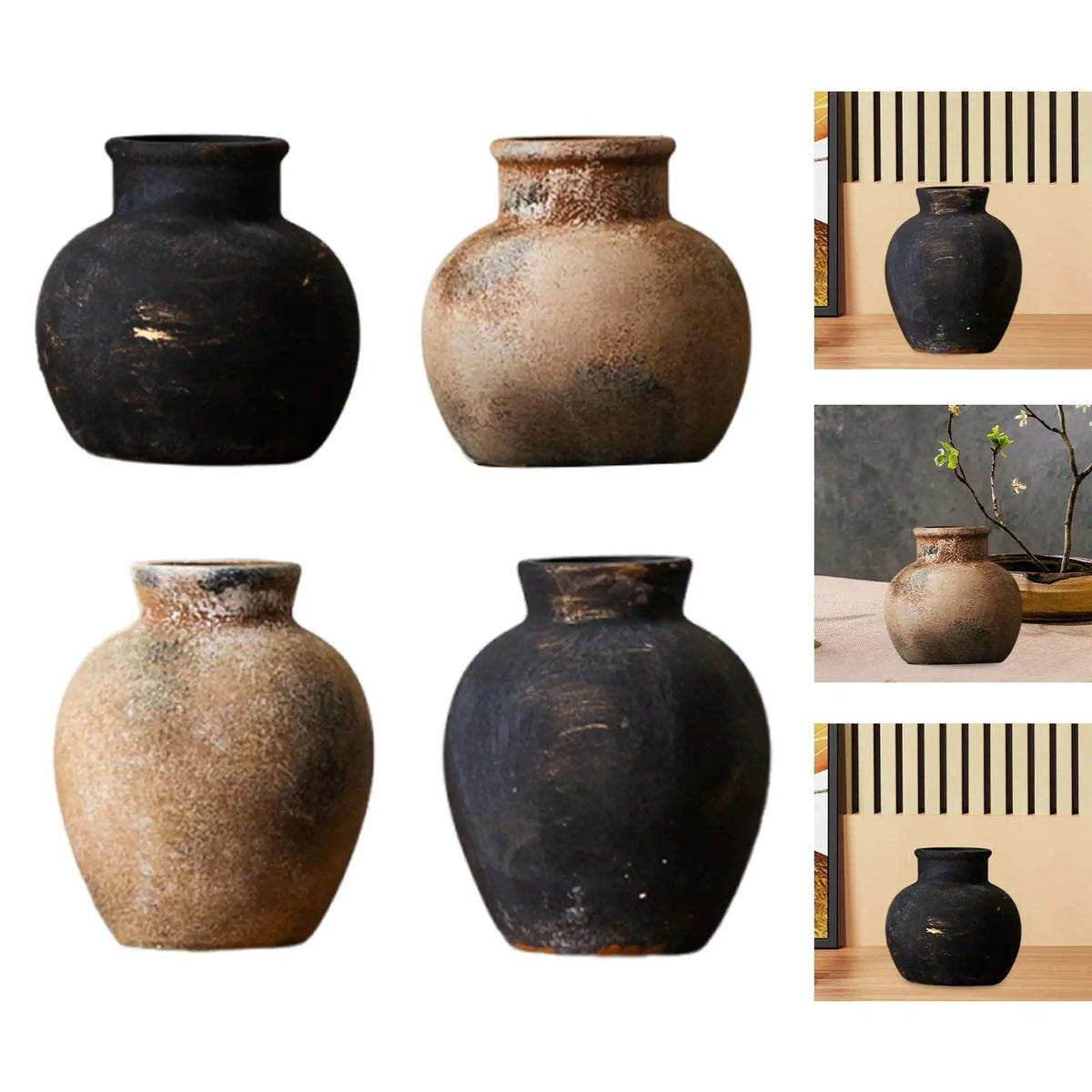 Rustic Ceramic Vase for Living Room, Mantel & Office | Wabi-Sabi Farmhouse Flower Vase | Textured Pottery Centrepiece in Black or Rust