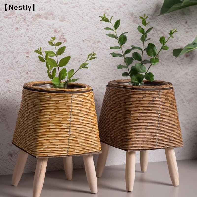 Woven Plant Stand with Removable Wooden Legs for Living Room & Patio | Handmade Rattan-Look Planter Basket | Nordic Plant Pot Holder, 6 Styles