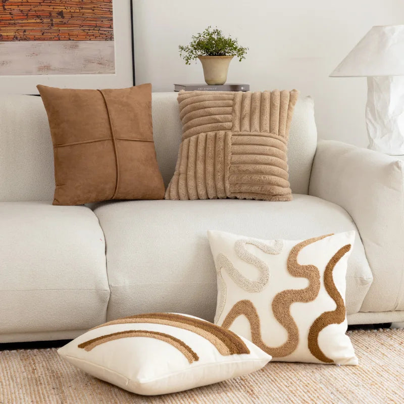 Textured Throw Pillow Cover for Sofa & Bed | Boho Neutral Bedroom Decor | Tufted, Suede, Chenille & Faux Fur Designs in Cream & Brown