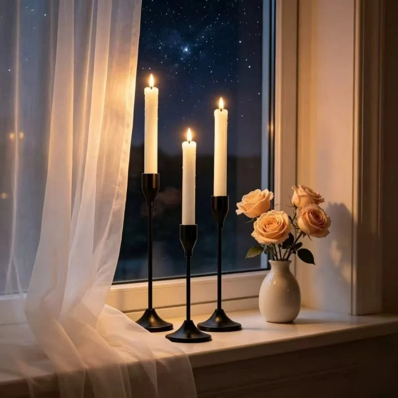 Black Metal Candle Holder Set for Dining Table & Mantel | Nordic Minimalist Taper Candlesticks with Round Base | Wedding & Party Centrepiece, 3–30 Pcs