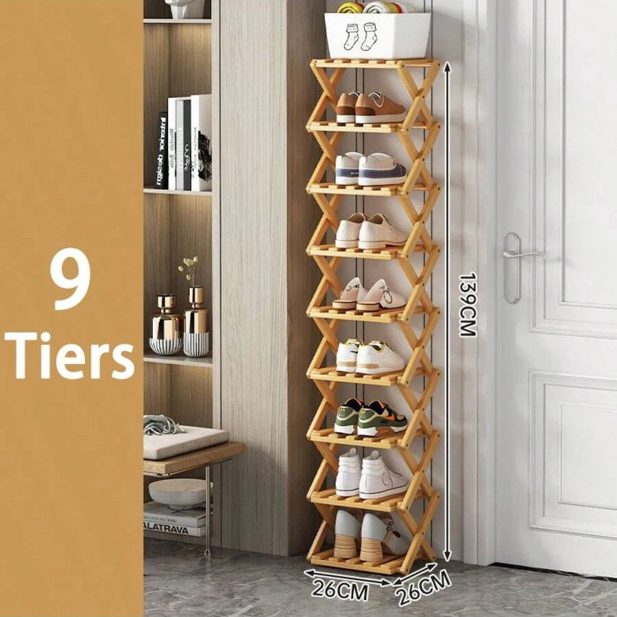 Bamboo Shoe Rack for Entryway, Closet & Hallway | Foldable Vertical Shoe Storage with No Assembly Needed | 2 to 9 Tiers in Natural or Brown
