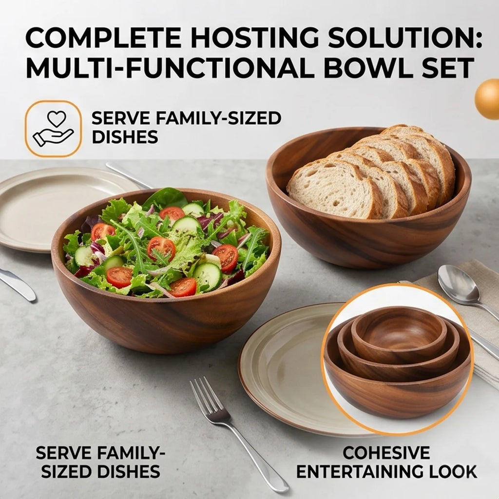 Solid Acacia Wood Serving Bowl for Salads, Snacks & Fruit | One-Piece Hand-Finished Wooden Bowl | Food-Safe Kitchen Tableware, 250ml–1100ml