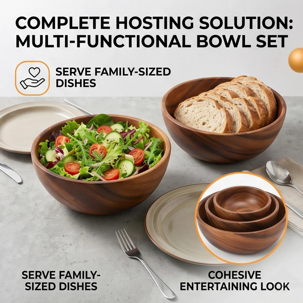 Solid Acacia Wood Serving Bowl for Salads, Snacks & Fruit | One-Piece Hand-Finished Wooden Bowl | Food-Safe Kitchen Tableware, 250ml–1100ml