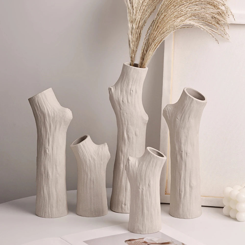 Tree Trunk Ceramic Vase for Living Room & Dining Table | Boho Branch-Shaped Flower Vase | Sculptural Centrepiece in White or Beige, 3 Sizes